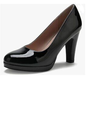 miss left Black Low Platform Chunky High Heel Slip On Closed Round Toe Pump